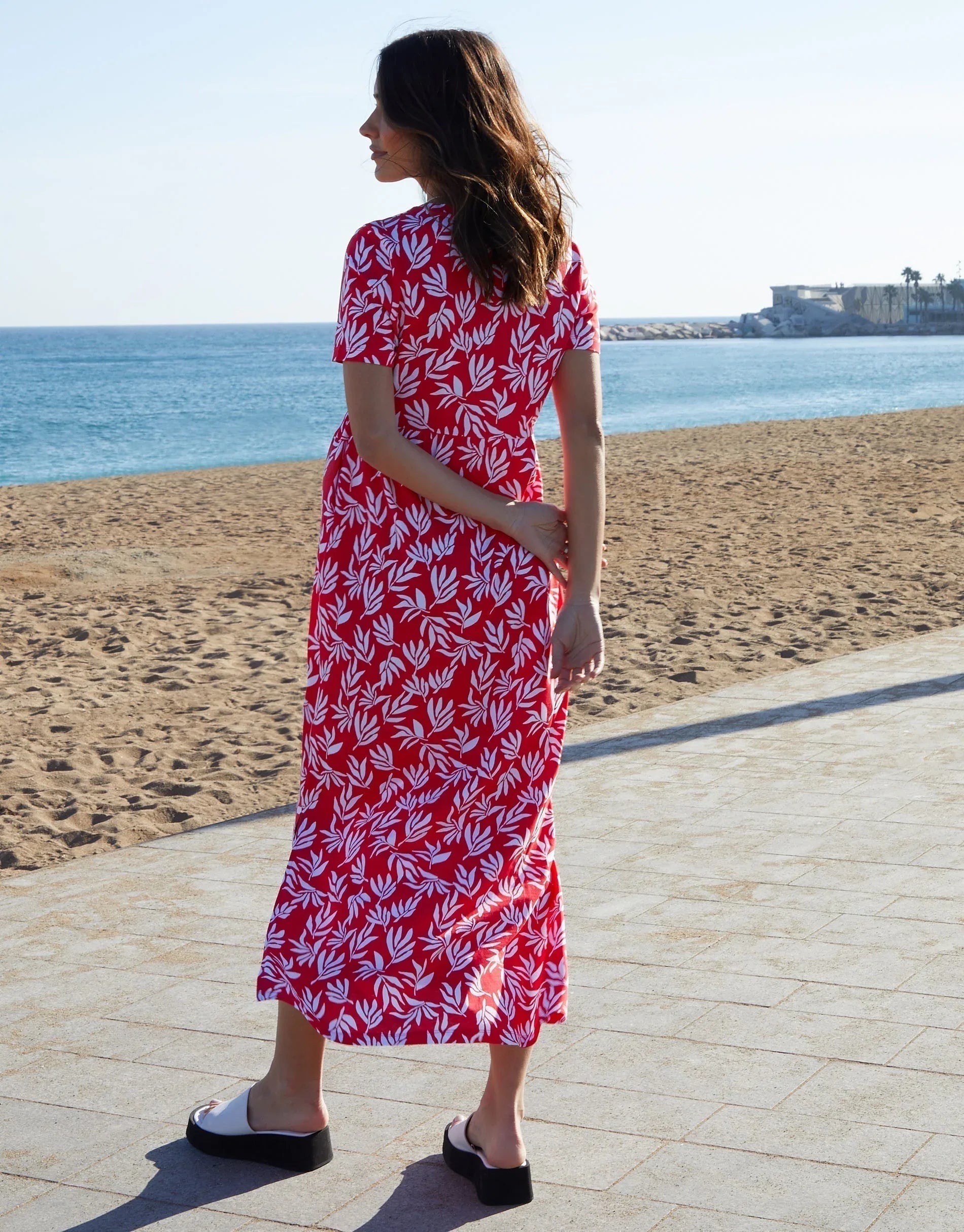 TBLA08782ANATASHA_B Women's Red Leaf Print Jersey Maxi Dress with Pockets Siouxe