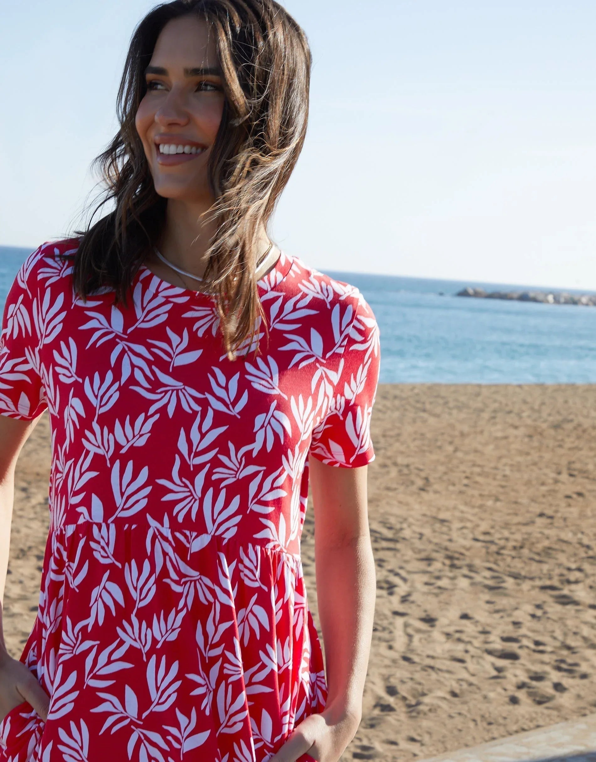 TBLA08782ANATASHA_C Women's Red Leaf Print Jersey Maxi Dress with Pockets Siouxe