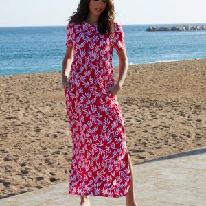 Women's Red Leaf Print Jersey Maxi Dress with Pockets Siouxe