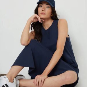 Women's Navy Sleeveless Jersey Midi Dress with Pockets Siouxe